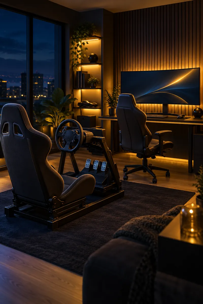 Rincón gamer de noche con simulador de carreras, silla gamer y monitor curvo