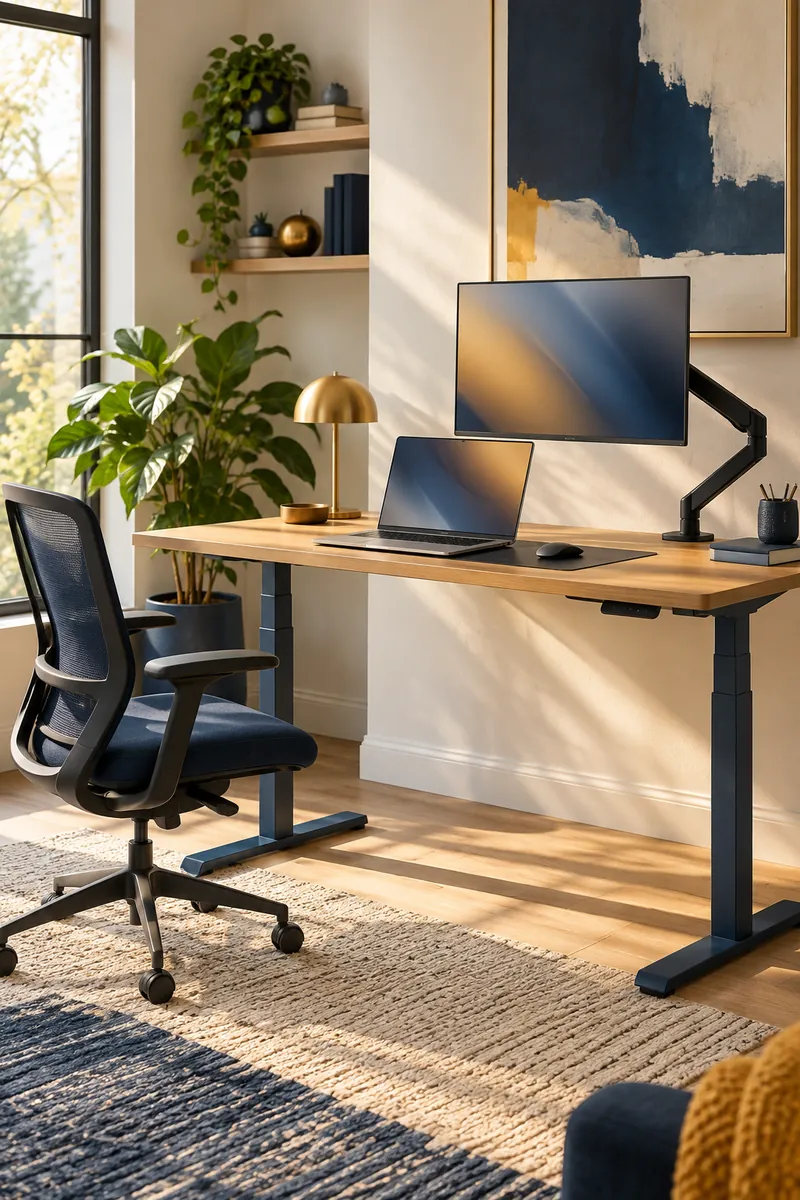 Home office luminoso con escritorio regulable, notebook y monitor en brazo articulado