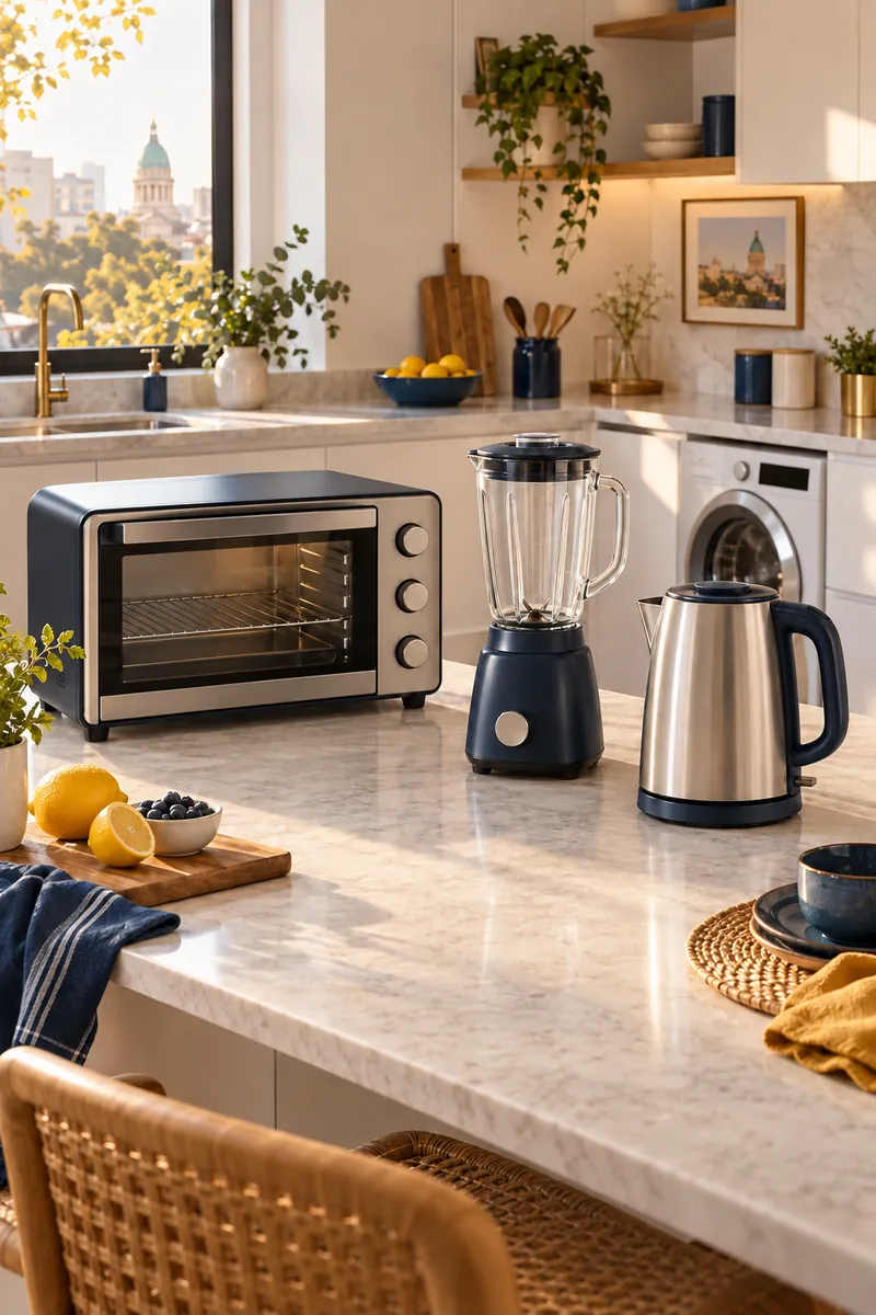 Cocina luminosa con horno eléctrico, licuadora y pava eléctrica